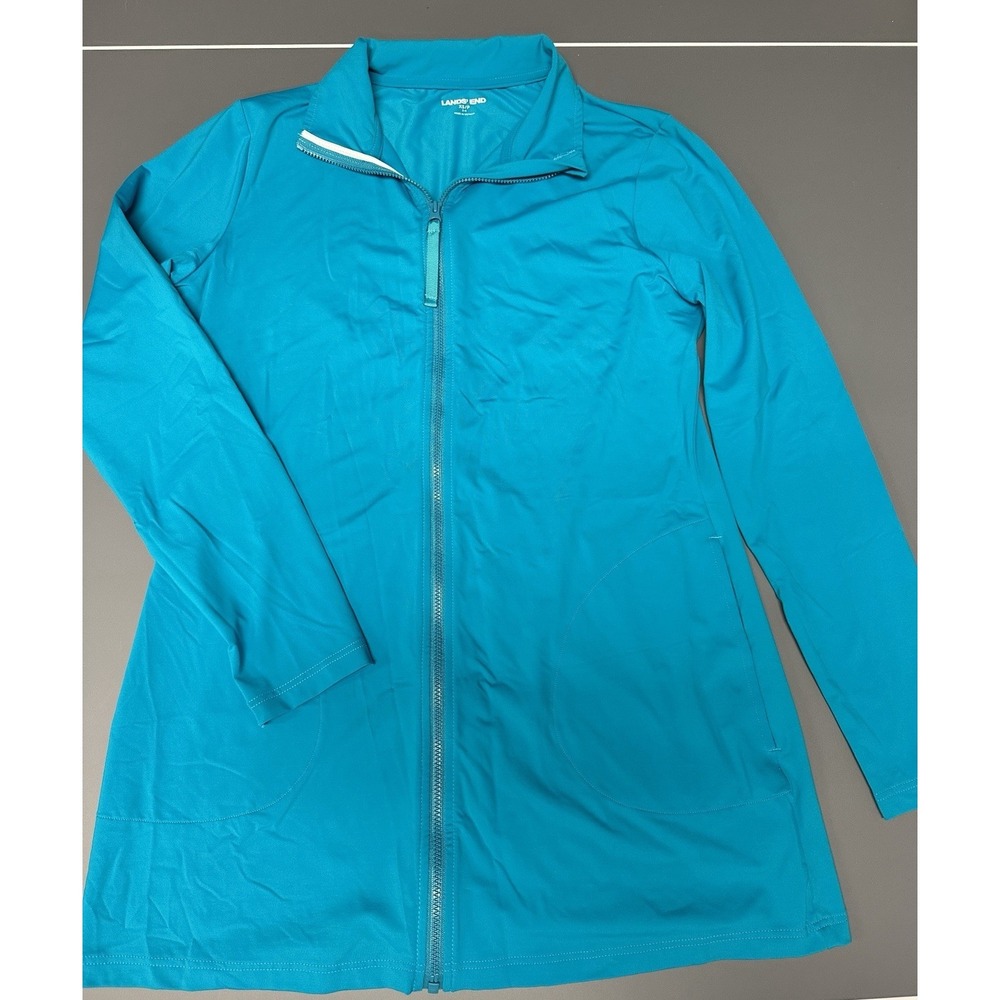 Lands End Women Colorful Teal Zip Cover-Up Long Sleeve SWIM SHIRT XS Extra Small